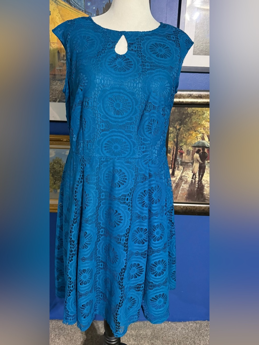 London Times Teal Lace Fit & Flare Keyhole Dress